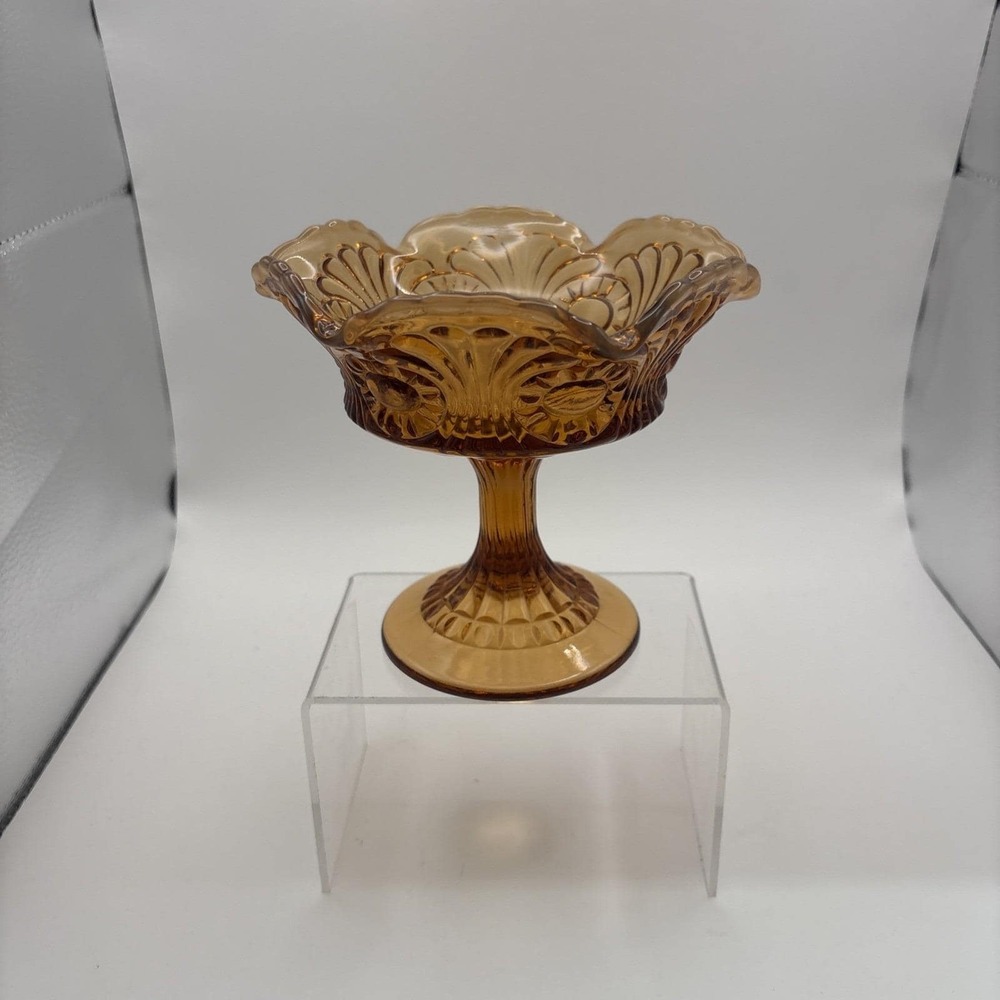 Vtg~Fenton~Amber~Pedestal Candy Compote~Cameo/Eye/Scroll Pattern~Ruffled Edge